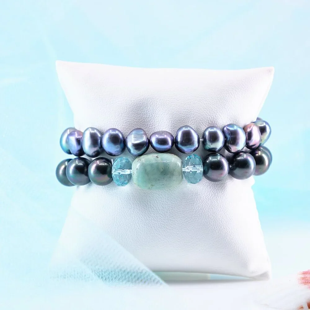 Pearl Bracelet w/Dragon Skin Agate & Aquamarine, Everyday Quiet Luxury Gift